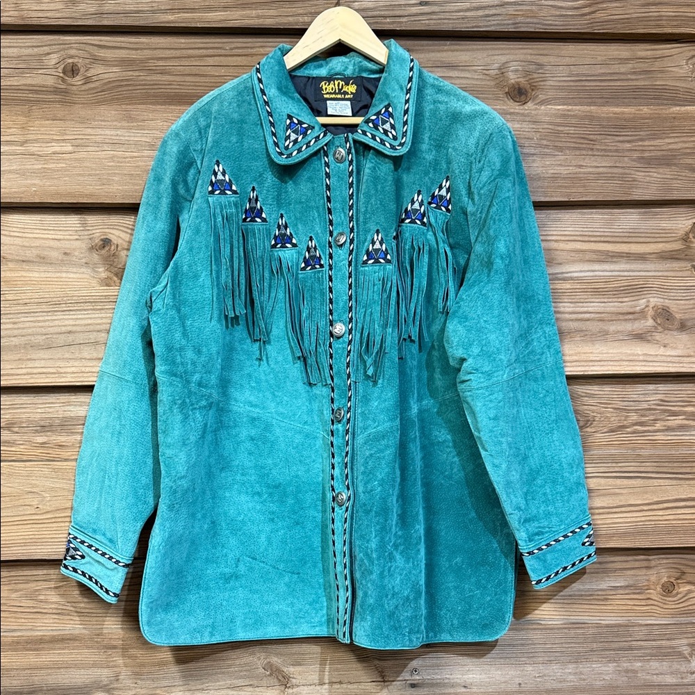 Vintage Bob Mackie Turquoise Suede Fringe Jacket